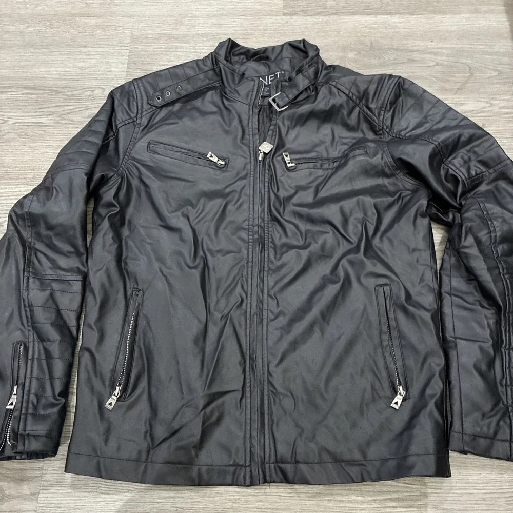 G-Net Men's Faux Leather Jacket 4 Front Pockets Size S Full Zip Black EUC - Picture 1 of 7